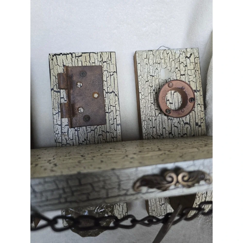 Steampunk Rustic Wood Wall Shelf Vintage Keys Doorknob Crackle Finish Farmhouse